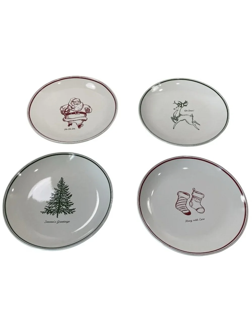 Sur La Table Dessert Plates Set of 4 Joyeux Noel Santa Reindeer Stockings Tree